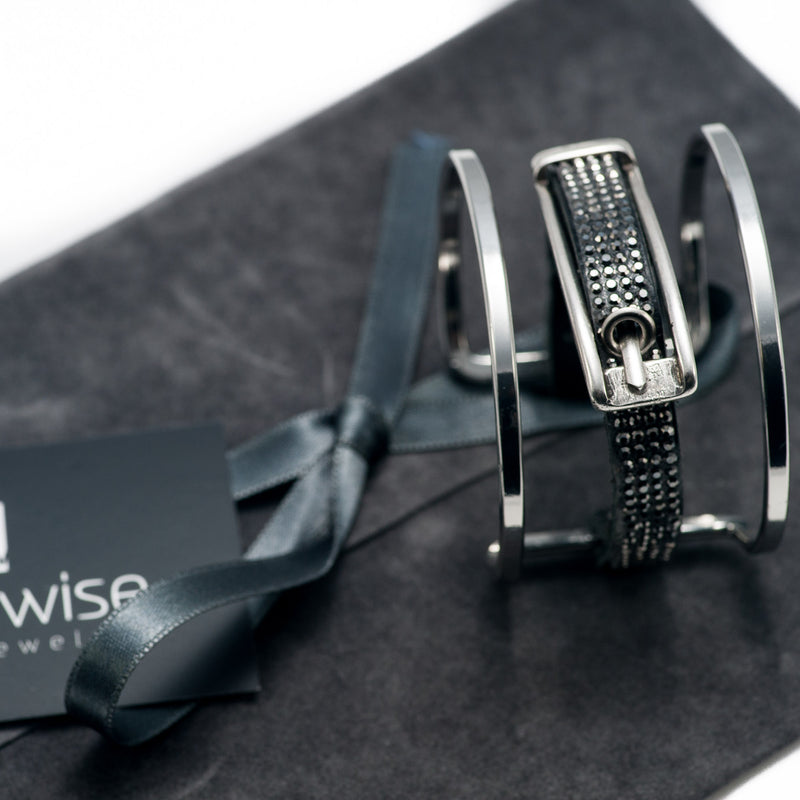 Silver-plated bangle with strass on black leather and buckle attached (BR-278) - Otherwise Jewelry+