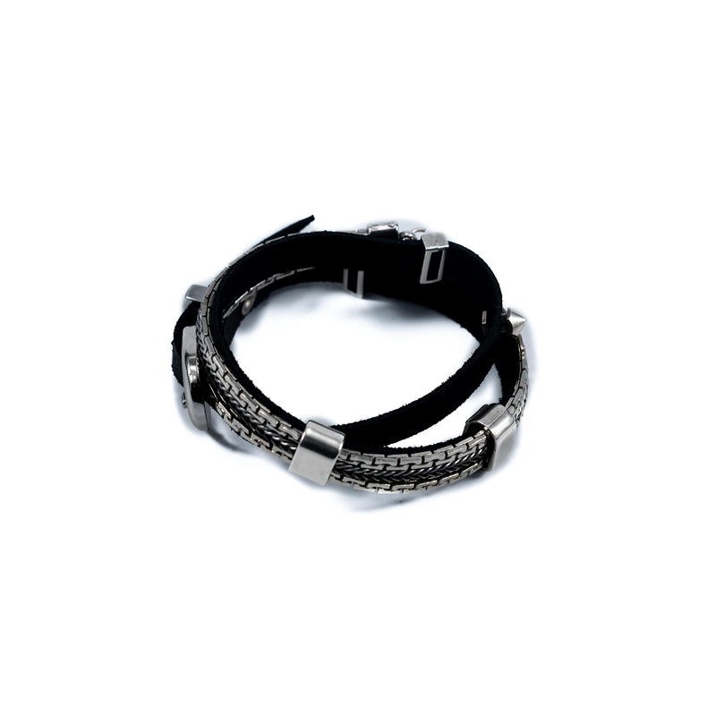 Black wrap around leather bracelet with chains and buckle (BR-317) - Otherwise Jewelry+