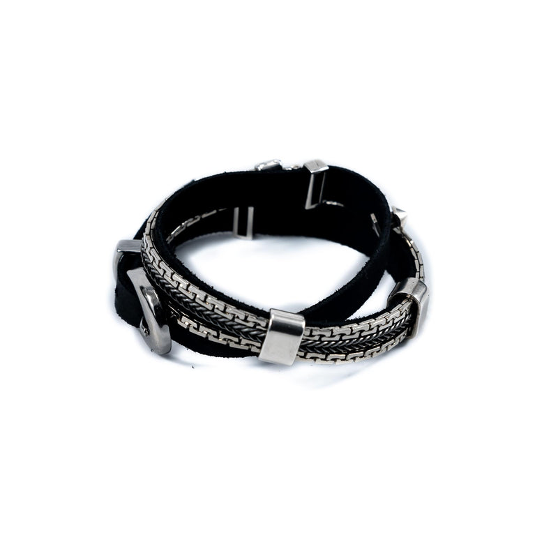 Black wrap around leather bracelet with chains and buckle (BR-317) - Otherwise Jewelry+