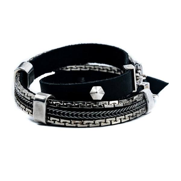 Black wrap around leather bracelet with chains and buckle (BR-317) - Otherwise Jewelry+