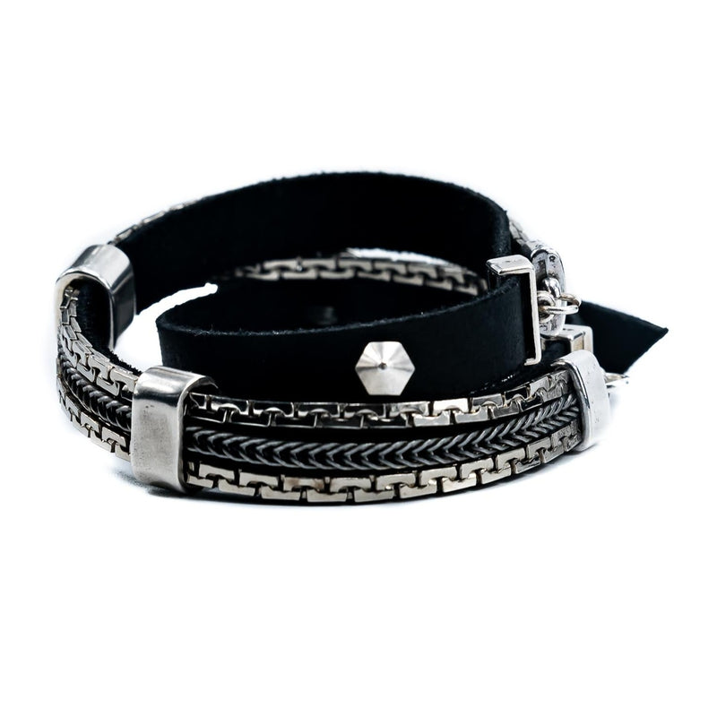 Black wrap around leather bracelet with chains and buckle (BR-317) - Otherwise Jewelry+