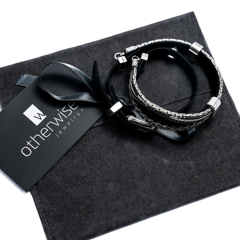 Black wrap around leather bracelet with chains and buckle (BR-317) - Otherwise Jewelry+