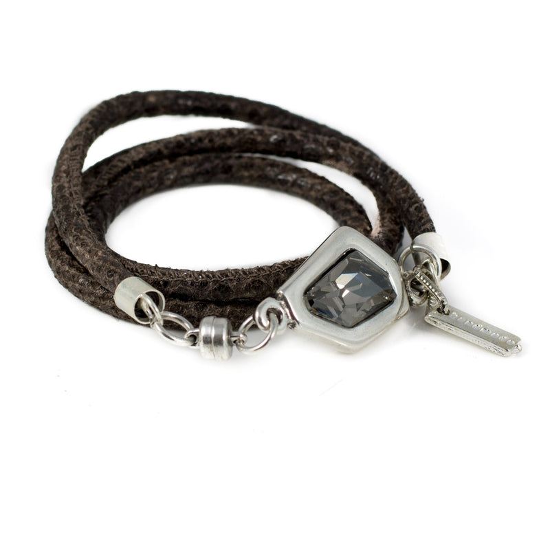 Bracelet - Bracelet In Stitched Leather In Brown Reptile Print With Swarovski Crystal Design (BR-236)