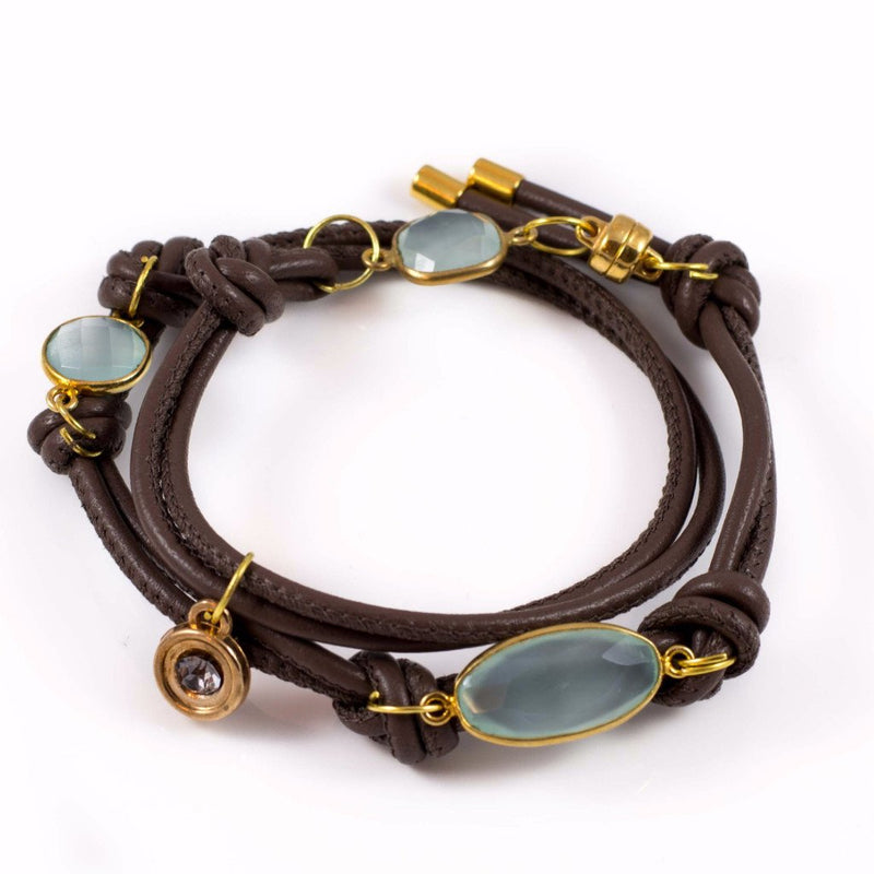 Bracelet - Bracelet With Apatite Gemstones On Taupe Nappa Stitched Leather  (BR-169)