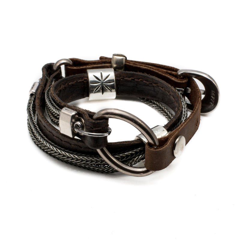 Bracelet - Bracelet With Soft Dark Brown Stitched Leather And Metal Elements  (BR-203)