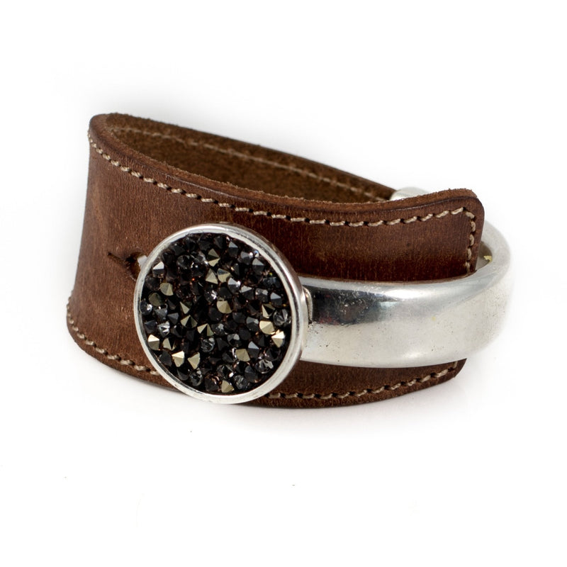 Bracelet - Camel Colored Leather And Metal Bracelet With Big Swarovski Element (BR-249)
