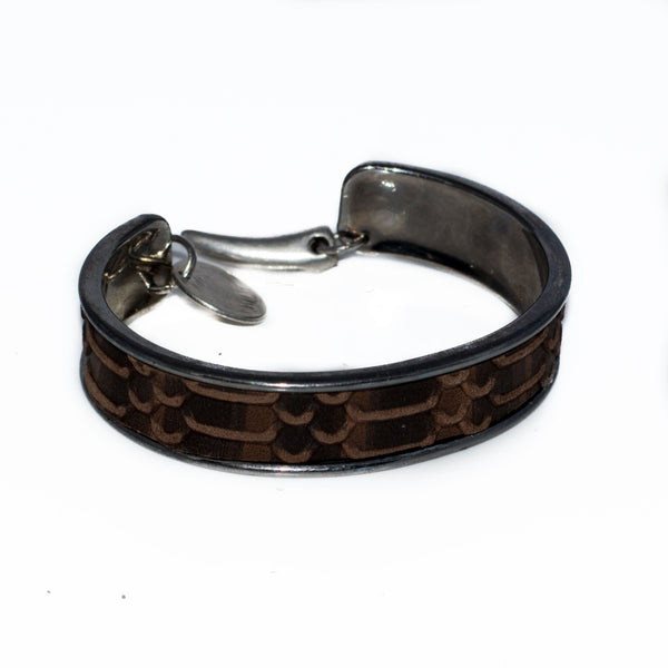 Bracelet - Gun Metal Bangle With Textured Brown Leather (BR-259)