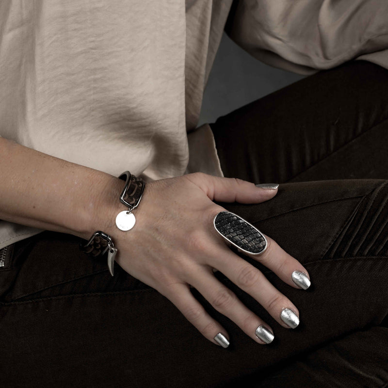 Bracelet - Gun Metal Bangle With Textured Brown Leather (BR-259)