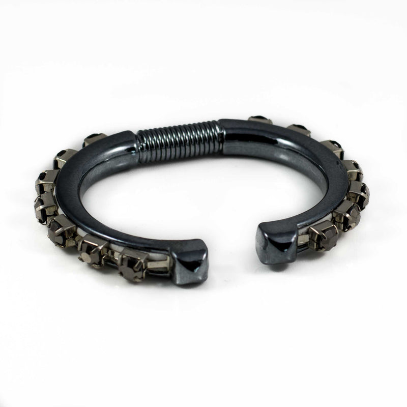 Bracelet - Gun Metal Bangle With White Leather And Dark Silver Strass  (BR-235)