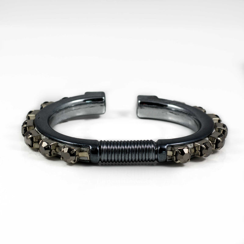 Bracelet - Gun Metal Bangle With White Leather And Dark Silver Strass  (BR-235)