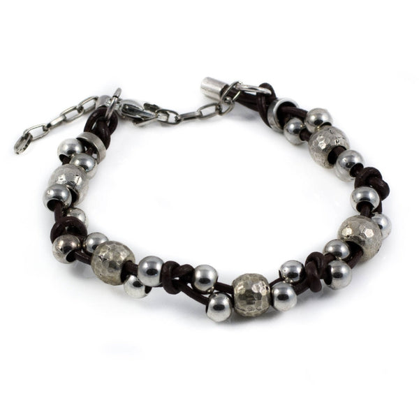 Bracelet - Leather Interwoven With Silver Plated Beads (BR-160)