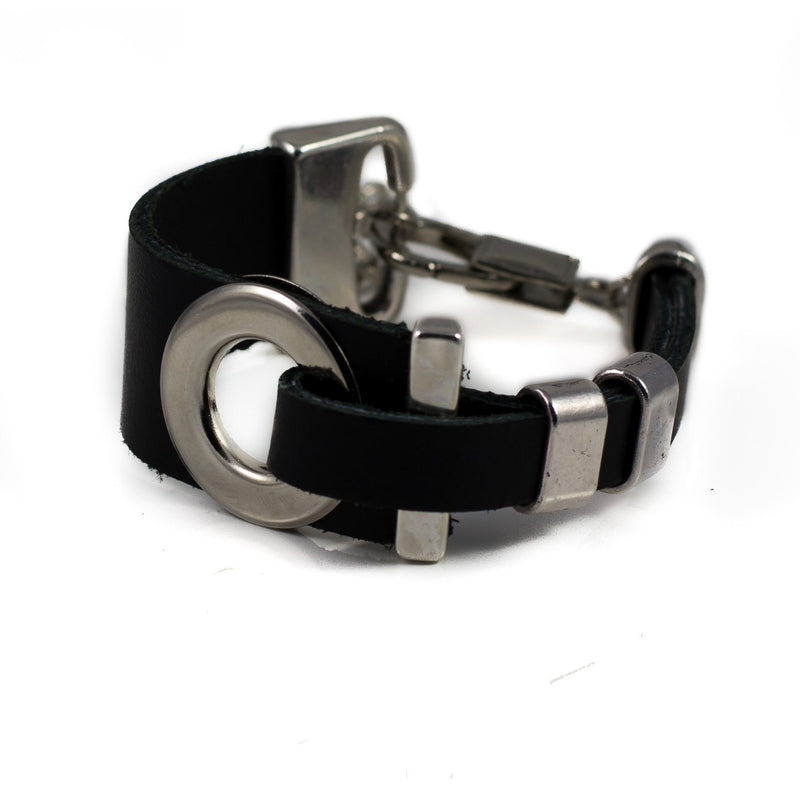 Bracelet - Modern Black Leather Bracelet With Silver-plated Designs (BR-247)