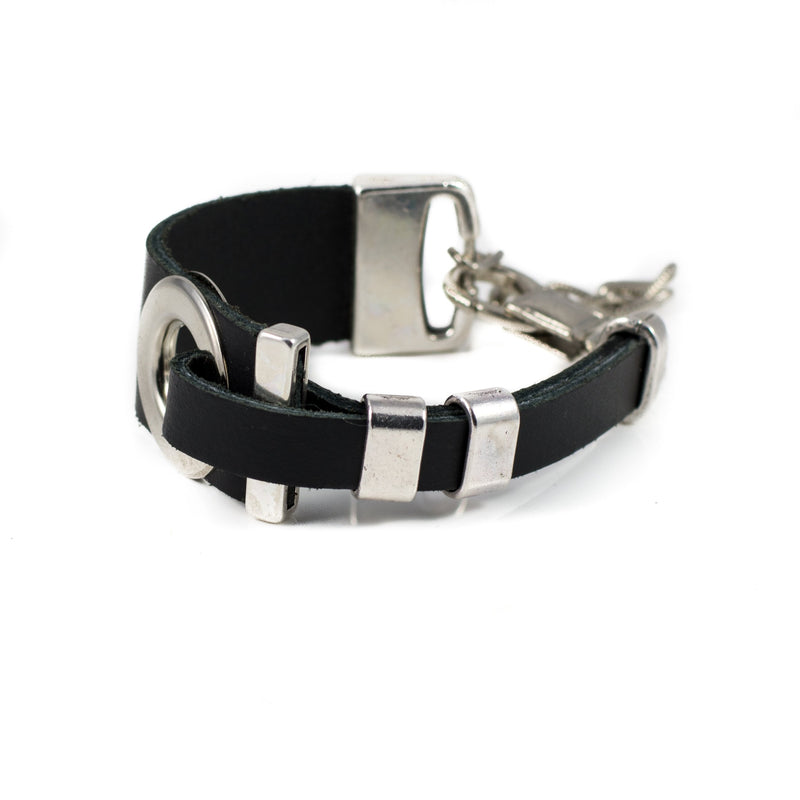 Bracelet - Modern Black Leather Bracelet With Silver-plated Designs (BR-247)