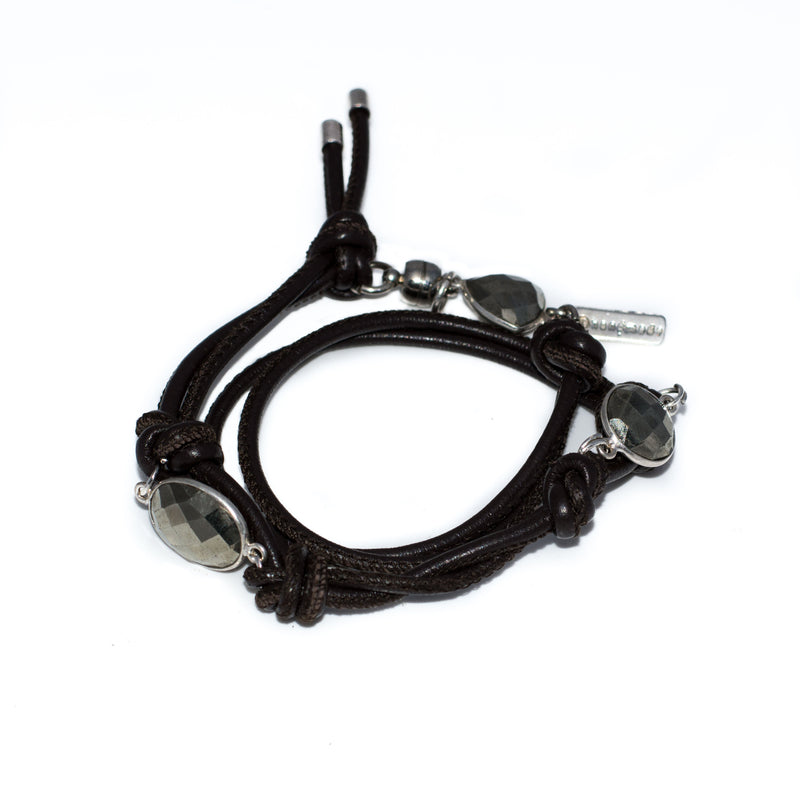 Bracelet - Nappa Stitched Leather Bracelet With Pyrite Stones (BR-257)