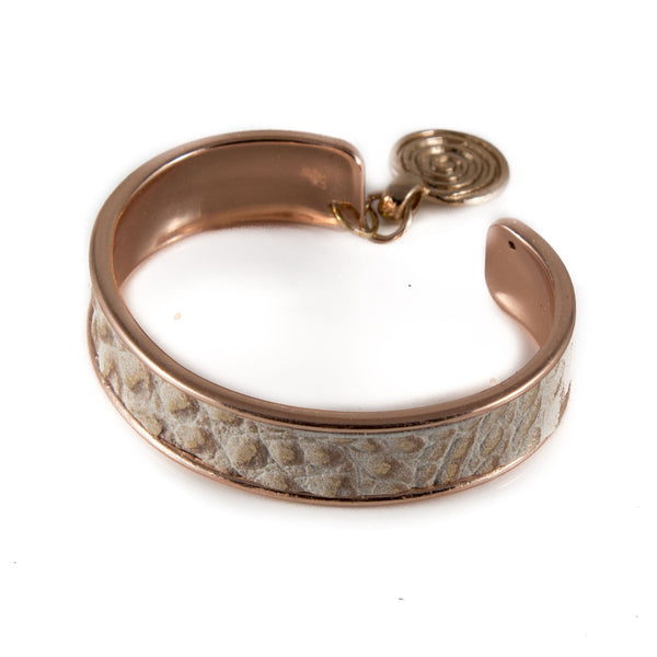 Bracelet - Rose Gold Metal Bangle With Textured Leather In White And Rose Gold (BR-262)
