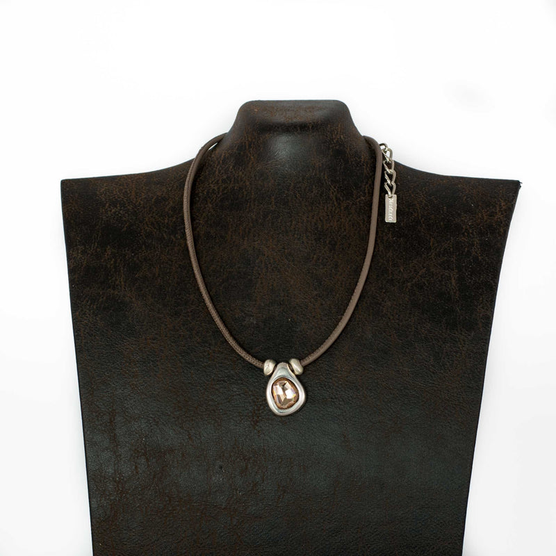 Necklace - Taupe Colored  Leather Necklace With Nude Colored Crystal In Zamac Design (NC-1044)