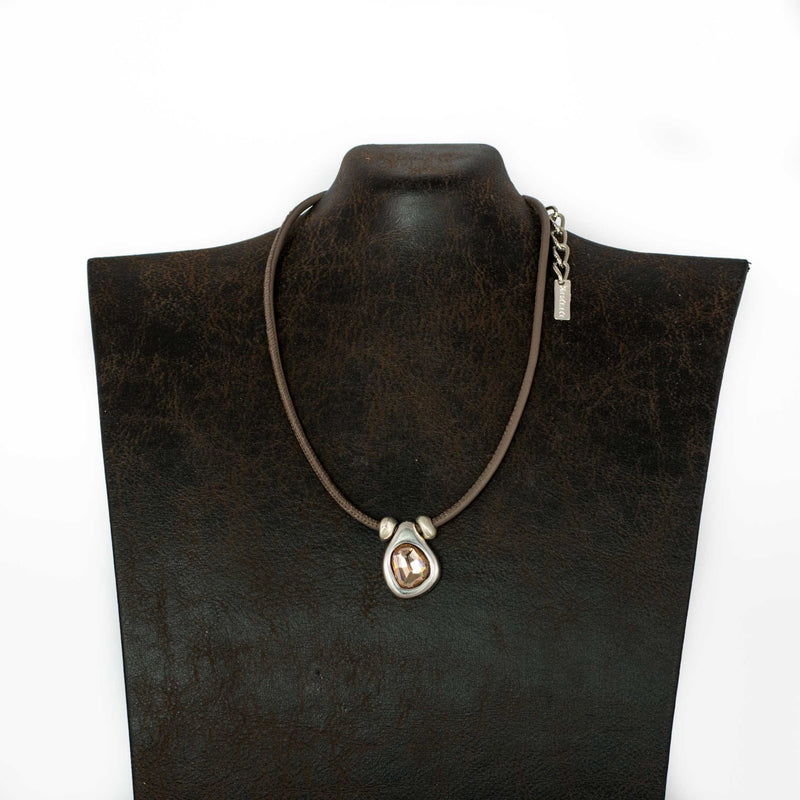 Necklace - Taupe Colored  Leather Necklace With Nude Colored Crystal In Zamac Design (NC-1044)