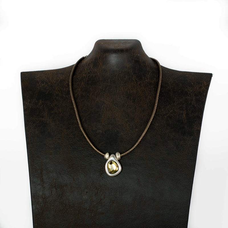 Necklace - Taupe Metallic Leather Necklace With Yellow Crystal In Zamac Design (NC-1043)