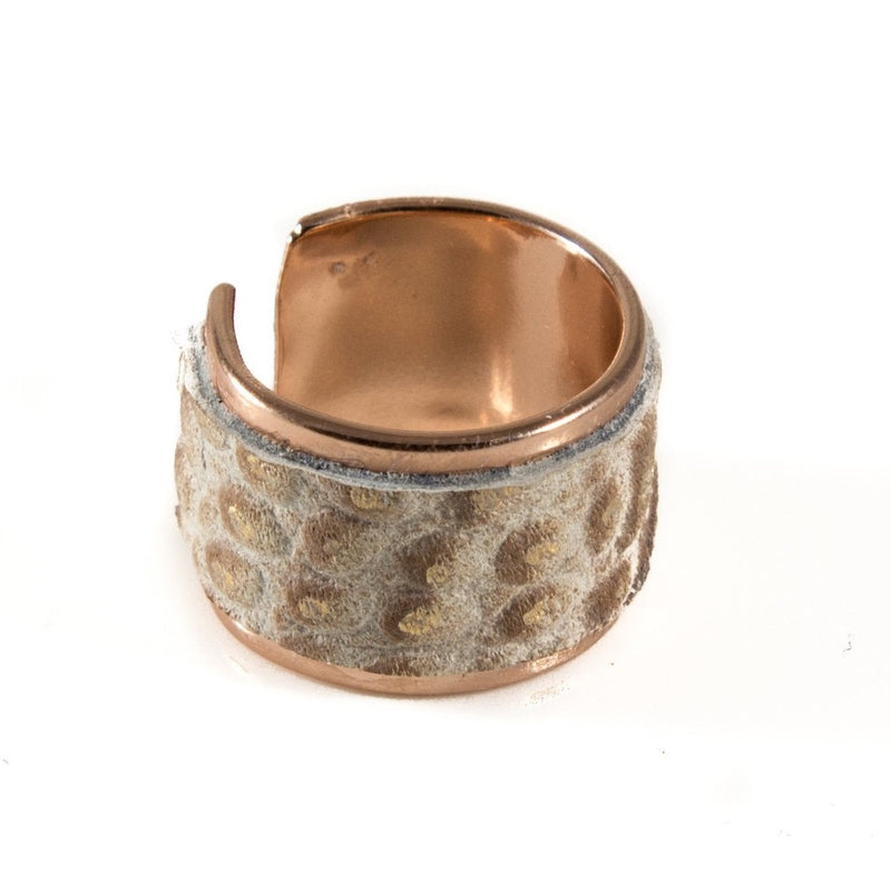 Rings - Rose Gold Metal Ring With Textured Leather In White And Rose Gold (R-2019)